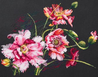 The Mystery of Poppies - Counted Cross-Stitch Kit. Floral Pattern on Aida 14 Count Canvas. Flowers Embroidery Kit by Magic Needle 210-192
