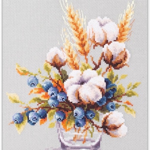 Counted Cross-Stitch Kit - Blooming Cotton and Blueberry. Pattern on Aida 14 Count Canvas. Floral Embroidery Kit by Magic Needle 510-226
