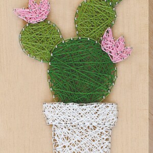 May include: A green string art cactus with pink flowers in a white pot. The cactus is made of green yarn wrapped around nails hammered into a wooden board.