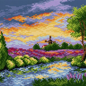 May include: A cross-stitch embroidery depicting a picturesque landscape with a river, trees, and a sunset sky. The scene features a winding river with a reflection of the orange and yellow sunset sky. Lush green trees line the riverbank, and a small wooden bridge crosses the river in the distance.