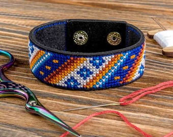 Cross-stitch Bracelet on artificial leather - Flower Ornaments embroidery kit. Wonderland Crafts FLHL-039