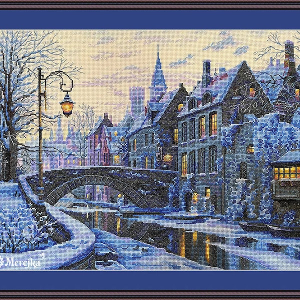 Winter Evening - Counted Cross-Stitch Kit. Winter City in Snow Cross Stitch Pattern on Aida 16 Count Canvas. Cross Stitch by Merejka K-169