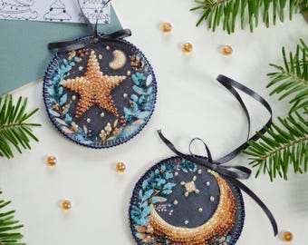 Bead Embroidery Kit Decoration - Star, Shine! DIY Christmas Decoration on Printed Canvas. Bead Embroidery Pattern by Abris Art ABT-037