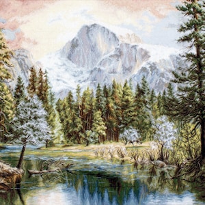 Mountain River with Pine Forest cross-stitch kit on Aida 18 count canvas. French Alps Cross Stitch kit by Luca-s B604L