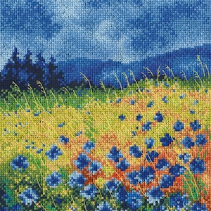 Field of Blue Flowers Cross Stitch kit. Field of Cornflowers Cross Stitch Pattern on Aida 14 count canvas. RTO M625