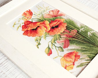 Poppy Bouquet cross-stitch kit on Aida 18 count canvas. Summer Flowers. Red Poppies Cross Stitch kit by Luca-s B213
