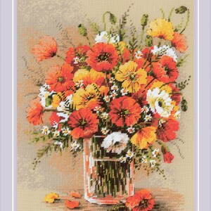 May include: A cross-stitch image of a vibrant bouquet of poppies in a clear glass vase. The flowers are in shades of red, orange, yellow, and white, with green stems and leaves. The background is a neutral beige.