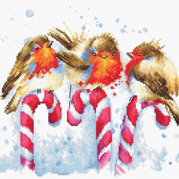 Christmas Eve Bullfinch with Candies  - counted cross-stitch kit on Aida 16 count canvas. Bird Cross Stitch Pattern by Luca-s B1154L