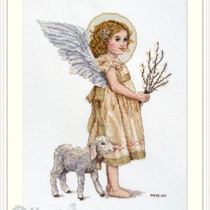 Cross-Stitch Kit &#39;Welcoming Spring&#39; - Angel with Lamb. Spring Embroidery Pattern on Aida 16 Count Canvas. Craft Project by Merejka K-256A