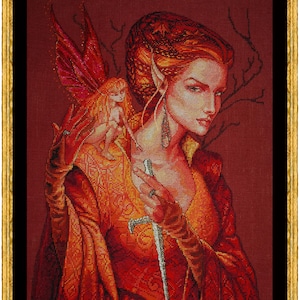 May include: A woman with long red hair and a pointed ear holds a silver dagger in her right hand. A small fairy with red wings sits on her shoulder. The background is a deep red.