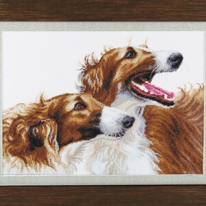 May include: Two brown and white dogs with long snouts and floppy ears. The dog in the foreground is looking at the camera, while the dog in the background is looking to the right. The dogs are both smiling.