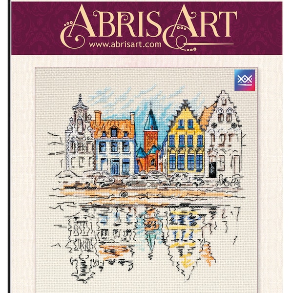 Colored Town near River cross-stitch kit on canvas. Dutch Buildings. City Landscape in Netherlands by Abris Art AH-137