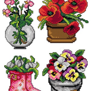 May include: Four different arrangements of flowers in various containers. The first arrangement is pink flowers in a white vase. The second arrangement is red poppies in a brown pot. The third arrangement is white flowers in pink rain boots. The fourth arrangement is purple and yellow pansies in a silver bucket.