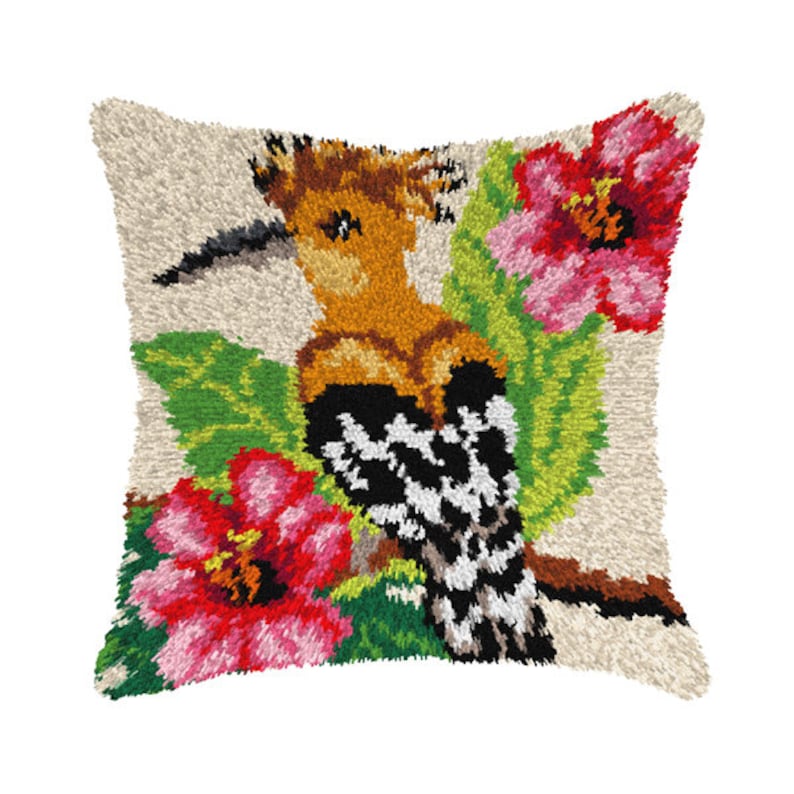 Latch Hook Cushion Kit. Tropical Hoepoe. Printed Tapestry canvas Jungle Bird. Pillow with Animal. by Orchidea 4232 image 1