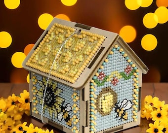 Bead Embroidery on Wood Kit - Wooden House Beading Embroidery kit. Christmas House by Wonderland Crafts FLW-062