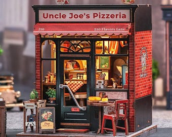 DIY Miniature Roombox Kit - Uncle Joe's Pizzeria. Handmade Dollhouse Kit with LED Light by Wizardi F07M51-92-CWGC210