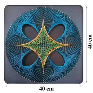 May include: A square string art piece measuring 40 cm by 40 cm, featuring a circular pattern of blue and green threads stretched across silver nails on a black background, creating a central four-pointed star and four curved petal shapes.