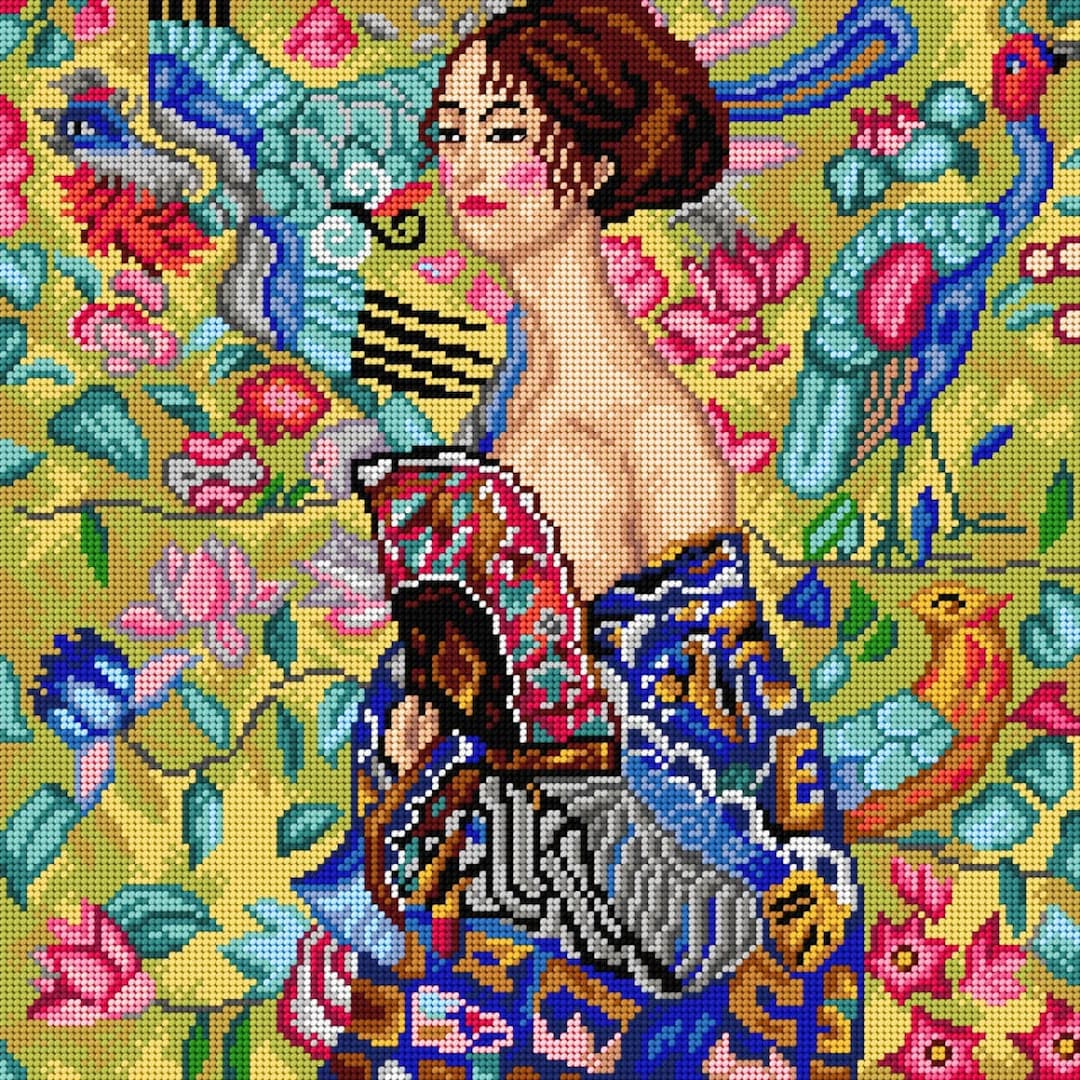 Lady With Fan. Gustav Klimt Needlepoint Canvas for Half Stitch Without