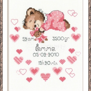 Girls Birth Announcement - Counted Cross-Stitch Kit. Sleepy Bear Cross Stitch Pattern. Cute Embroidery kit by Riolis R1123