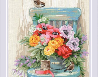 Counted Cross Stitch Kit – Garden Flowers. Floral Embroidery Pattern with Colorful Blooms by Riolis R2299