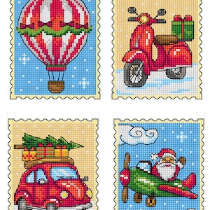 May include: A set of four cross-stitch Christmas-themed postage stamps. The stamps feature a red and white hot air balloon, a red scooter with a gift, a red car with a Christmas tree, and Santa Claus in a green airplane.