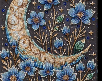 Bead Embroidery Kit – A Magical Night. Crescent Moon with Blue Flowers. Beaded Sky Scene by Abris Art AB-941