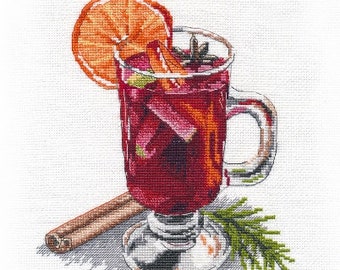 Mulled Wine Punch Still life cross-stitch kit on Aida 16 count canvas. Still Life Tea, Lemon, Cinnamon.  Cross Stitch kit by Oven 1337