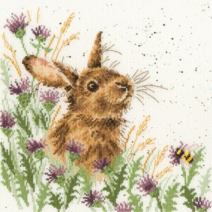 Rabbit with Flowers. Meadow counted cross-stitch kit on Aida 14 count canvas. Village Animal cross stitch kit. Bunny Bothy Threads XHD30