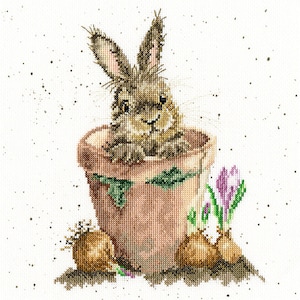 Bunny in Flower Pot. counted cross-stitch kit on Aida 14 count canvas. Village Animal cross stitch kit. Rabbit Bothy Threads XHD76