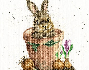 Bunny in Flower Pot. counted cross-stitch kit on Aida 14 count canvas. Village Animal cross stitch kit. Rabbit Bothy Threads XHD76