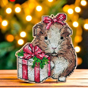 Hamster with Gift Cross-Stitch Kit on a Wooden Base. Hamster Cross Stitch kit. Christmas Cross Stitch Pattern by Wonderland Crafts FLW-055