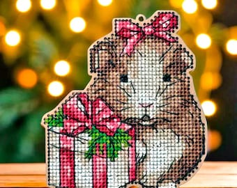Hamster with Gift Cross-Stitch Kit on a Wooden Base. Hamster Cross Stitch kit. Christmas Cross Stitch Pattern by Wonderland Crafts FLW-055