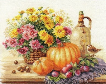 Still Life with Pumpkin cross-stitch kit on Aida 14 count canvas. Fresh Flowers, Plums and Bird. Cross Stitch kit by Alisa 5-15