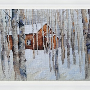 Winter island - Cross-Stitch Kit on Aida 14 Count Canvas. DIY Decoration Painting. House in Snowy Forest Cross Stitch kit by RTO M992