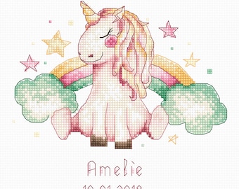 Unicorn Baby Born Sampler cross-stitch kit on Aida 16 count canvas. Monochrome Animal. Cross Stitch kit by Luca-s B1151L
