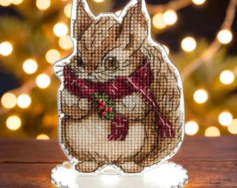 Squirrel in Red Scarf Cross-stitch kit on a Plastic Base. Embroidery kit. Animal Cross stitch Pattern by Wonderland Crafts FLX-014