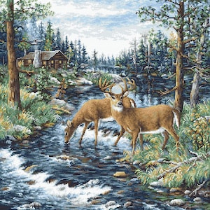 Winter House near River with Deer cross-stitch kit on Aida 18 count canvas. Pine Trees. Cross Stitch kit by Luca-s B606L