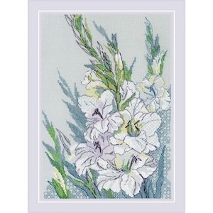 May include: Cross-stitch of white gladiolus flowers with green and blue accents. The flowers are in full bloom, with detailed stitching creating a textured effect. The background is a light blue with a subtle pattern, framed in white.