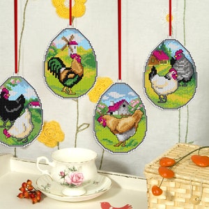 DIY Bookmarks - Easter Ornaments. Counted cross-stitch on the plastic canvas bookmarks with 4 patterns. Roosters and Hens. Orchidea 7697