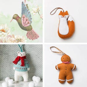 May include: Four felt ornaments for a Christmas tree. A brown gingerbread man with a red and white bow tie, a white polar bear wearing a blue and red sweater, a brown fox with a white belly, and a green and pink hummingbird.