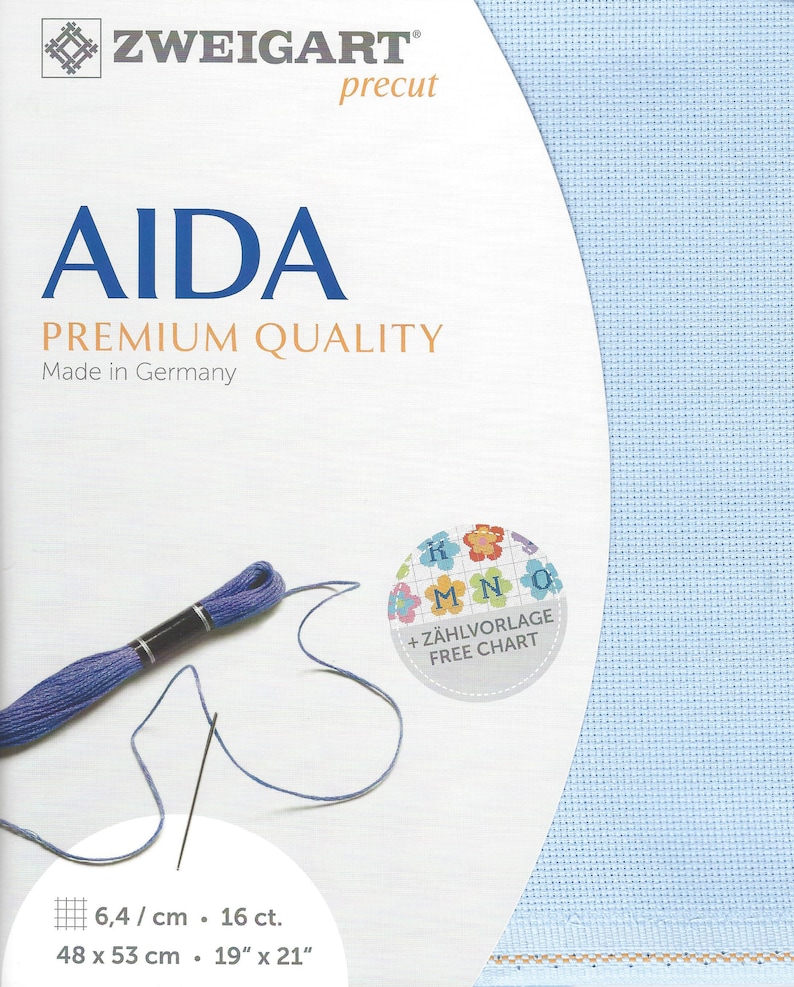 May include: A light blue Zweigart Aida fabric precut measuring 19 inches by 21 inches or 48 cm by 53 cm. The packaging features the text AIDA PREMIUM QUALITY, Made in Germany, 16 ct., and includes a purple embroidery thread skein and a needle.
