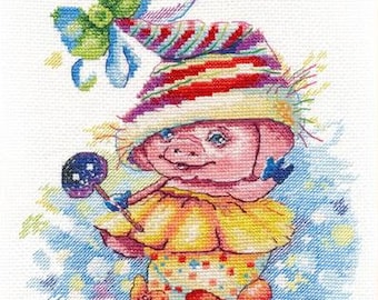 Piggy Cross Stitch kit. Cartoon Animal Cross Stitch Pattern on Aida 14 count canvas. Christmas Cross Stitch by Oven 1160