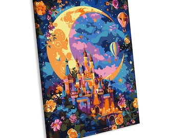 May include: A vibrant canvas print featuring a fairytale castle under a crescent moon. The artwork showcases a colorful night sky with hot air balloons, stars, and floral accents in shades of orange, pink, and blue. The castle has multiple towers.