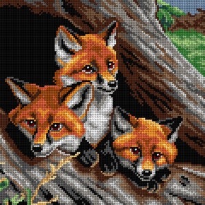May include: A cross-stitch design featuring three red foxes peeking out from a tree trunk. The foxes have orange fur, white cheeks, and dark eyes. The background includes a dark opening, tree bark, and green foliage.