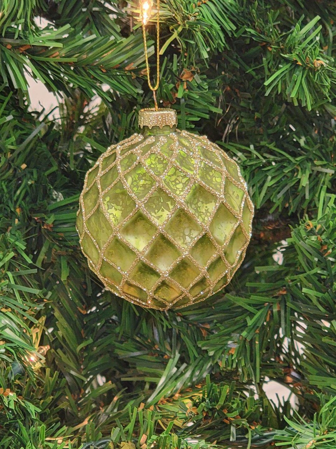 Green Quilted Glass Balls Christmas Ornament. Quilted Ball Holiday