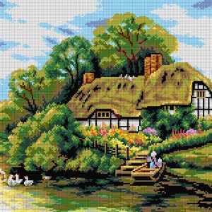 Large Cottage by a River - Needlepoint Canvas for Halfstitch Without Yarn. House in Nature Pattern Kit by Orchidea 2704M