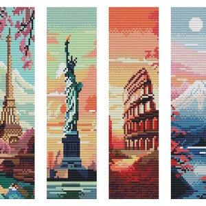 May include: Six vertical cross-stitch patterns depicting global landmarks including Big Ben, the Eiffel Tower, the Statue of Liberty, the Colosseum, Mount Fuji, and the Burj Khalifa, each rendered in a pixelated style with vibrant sunset color palettes.