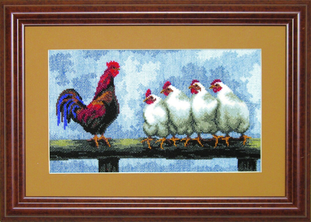 Chickens and Roosters Cross Stitch Kit. Cross Stitch Pattern on Aida 16