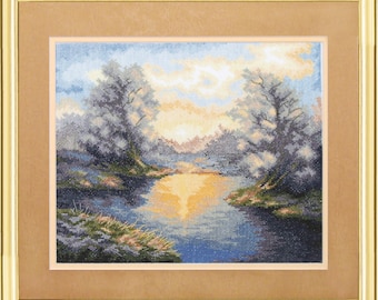 Dawn Cross Stitch kit. Cross Stitch Pattern on Aida 16 count canvas.  Lake and Forest Cross Stitch by Charivna Mit No493C