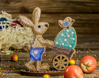 Rabbit with Cart - Set for Embroidery with Beads on Wood. Beading Pattern. DIY Beading kit by Wonderland Crafts FLK-426
